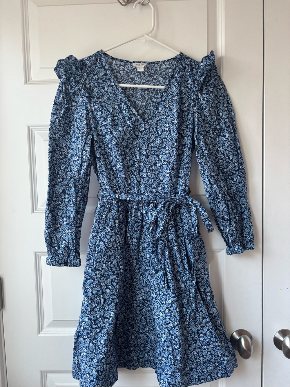 J. Crew Blue Floral Long-Sleeve Tie-Waist Dress